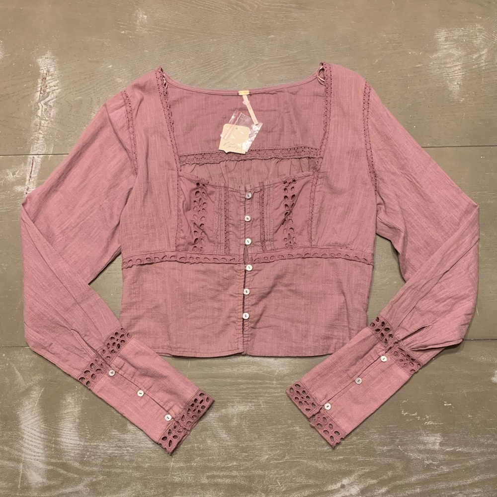 Free People NWT purple long sleeve short cropped small shirt - Picture 1 of 9